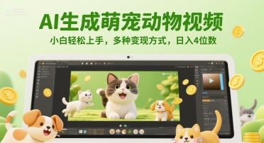 AI生成萌宠动物视频，小白轻松上手，多种变现方式，日入4位数-明楼资源站