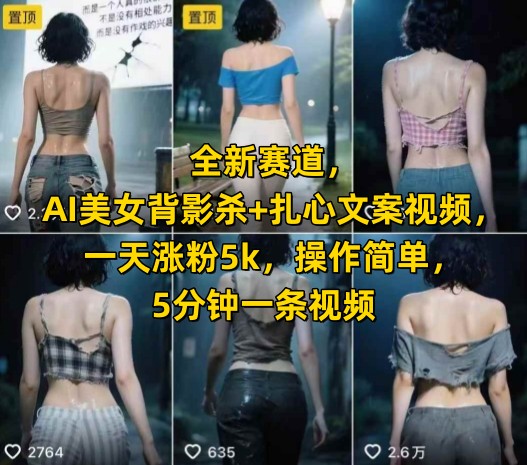 全新赛道，AI美女背影杀+扎心文案视频，一天涨粉5k，操作简单，5分钟一条视频-明楼资源站