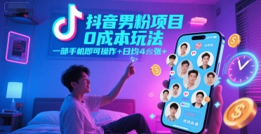 抖音男粉项目0成本玩法，一部手机即可操作，日均4张+，时间自由-明楼资源站
