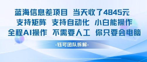 蓝海信息差项目当天收米1k+ 支持矩阵支持自动化小白能操作全程AI操作不需要人工你只要会电脑-明楼资源站