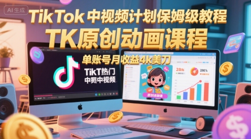 TikTok中视频计划保姆级教程，TK原创动画课程，单账号月收益4k美刀-明楼资源站