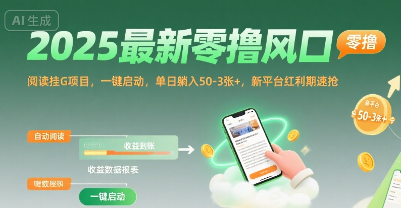 2025最新零撸风口，阅读挂G项目，一键启动，单日躺入 50-3张+，新平台红利期速抢【揭秘】-明楼资源站