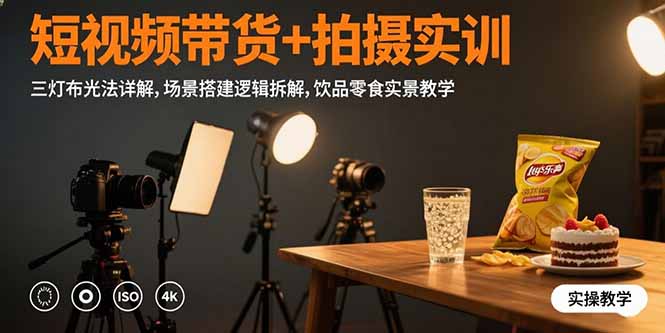 短视频带货+拍摄实训：三灯布光法详解,场景搭建逻辑拆解,饮品零食实景教学-明楼资源站