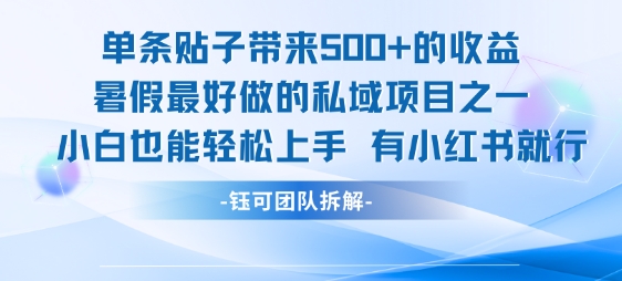 单条贴子带来5张的收益，暑假最好做的私域项目之一，小白也能轻松上手，有小红书就行-明楼资源站