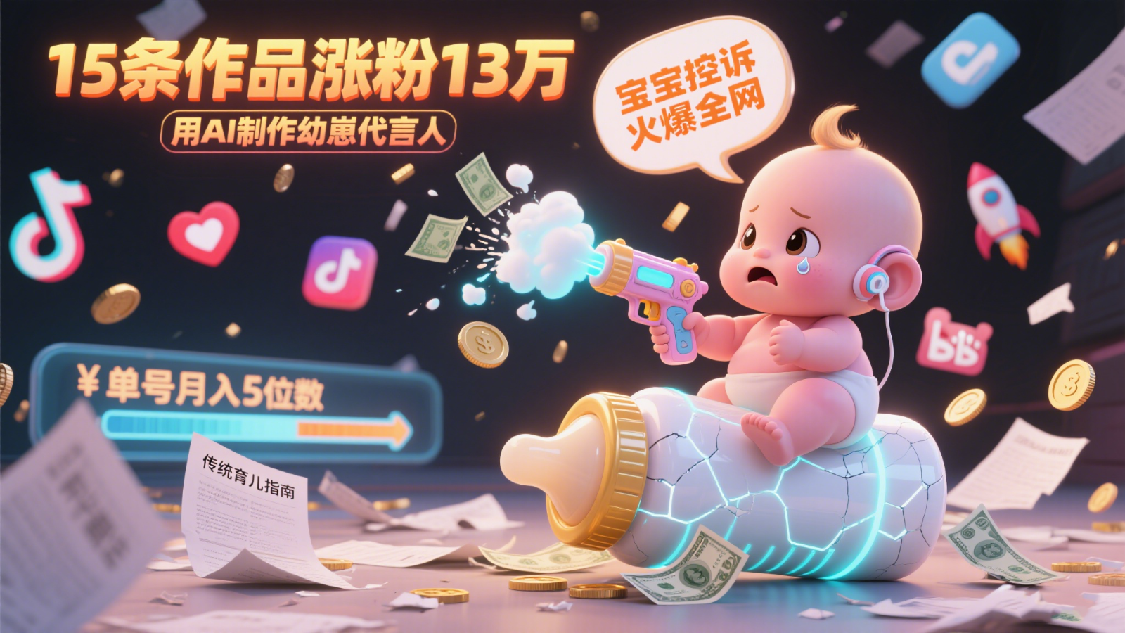 用AI制作幼崽代言人，宝宝的控诉火爆全网，15条作品涨粉13万，单号月入5位数实操教程-明楼资源站