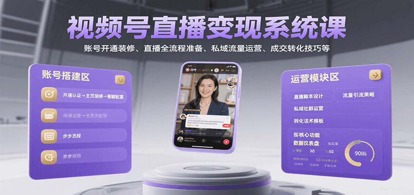 视频号直播变现系统课，账号开通装修、直播全流程准备、私域流量运营、成交转化技巧等-明楼资源站