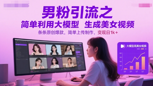 男粉引流之简单利用大模型生成美女视频，条条原创爆款，简单上传制作，变现日1k+-明楼资源站