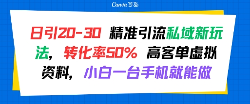 日引 20-30 精准引流私域新玩法，转化率50% 高客单虚拟资料，小白一台手机就能做-明楼资源站