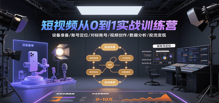 短视频从0到1实战训练营：设备准备/账号定位/对标账号/视频创作/数据分析/投流变现-明楼资源站