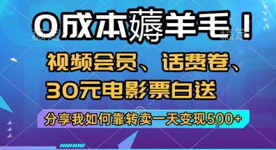 0成本薅羊毛!视频会员、话费卷、30元电影票白送，分享我如何靠转卖一天变现5张+【揭秘】-明楼资源站