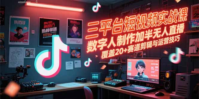 三平台短视频实战课，数字人制作加半无人直播，覆盖20+赛道剪辑与运营技巧-明楼资源站