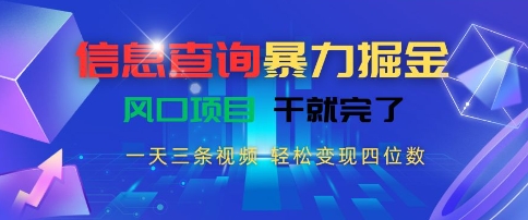 信息查询暴力掘金，一天三条视频，轻松变现四位数，风口项目干就完了【揭秘】-明楼资源站