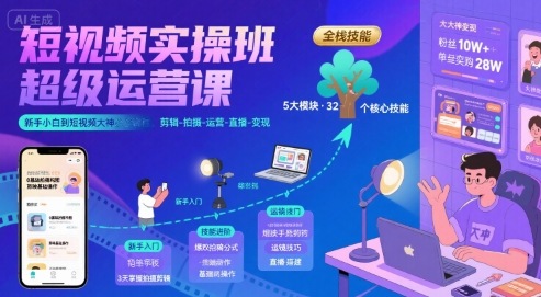 短视频实操班超级运营课，新手小白到短视频大神必修课程，剪辑-拍摄-运营-直播-变现-明楼资源站