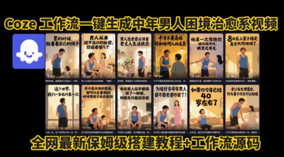 coze工作流一键生成”中年男人困境扎心高涨粉高播放量图文视频”保姆级拆解教程，无需剪辑，无需拍摄写文案-明楼资源站